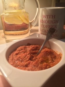 The tomato paste and fresh garlic give the garbanzos a perfect tang